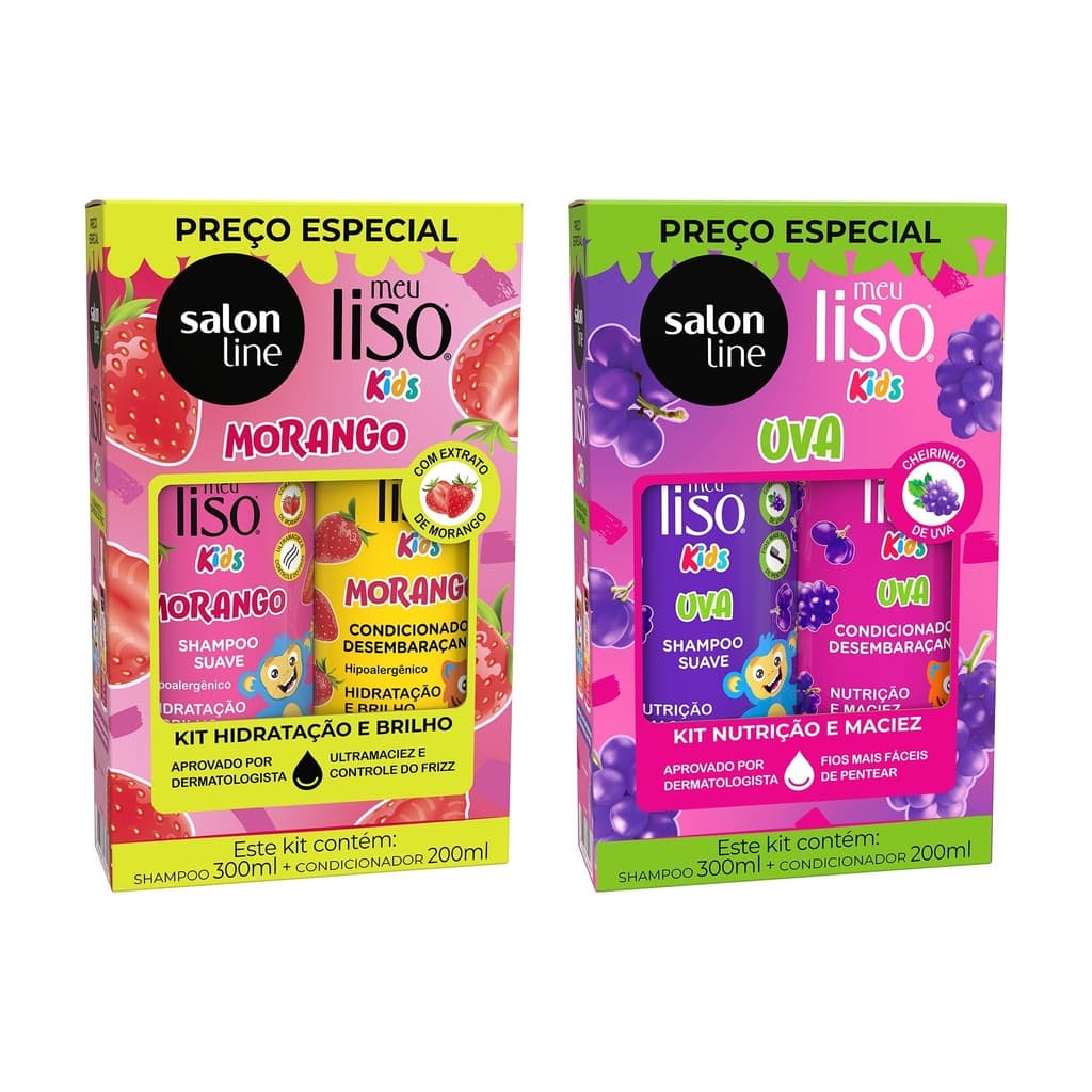 Kit Shampoo e Condicionador Morango e Uva Meu Liso Kids