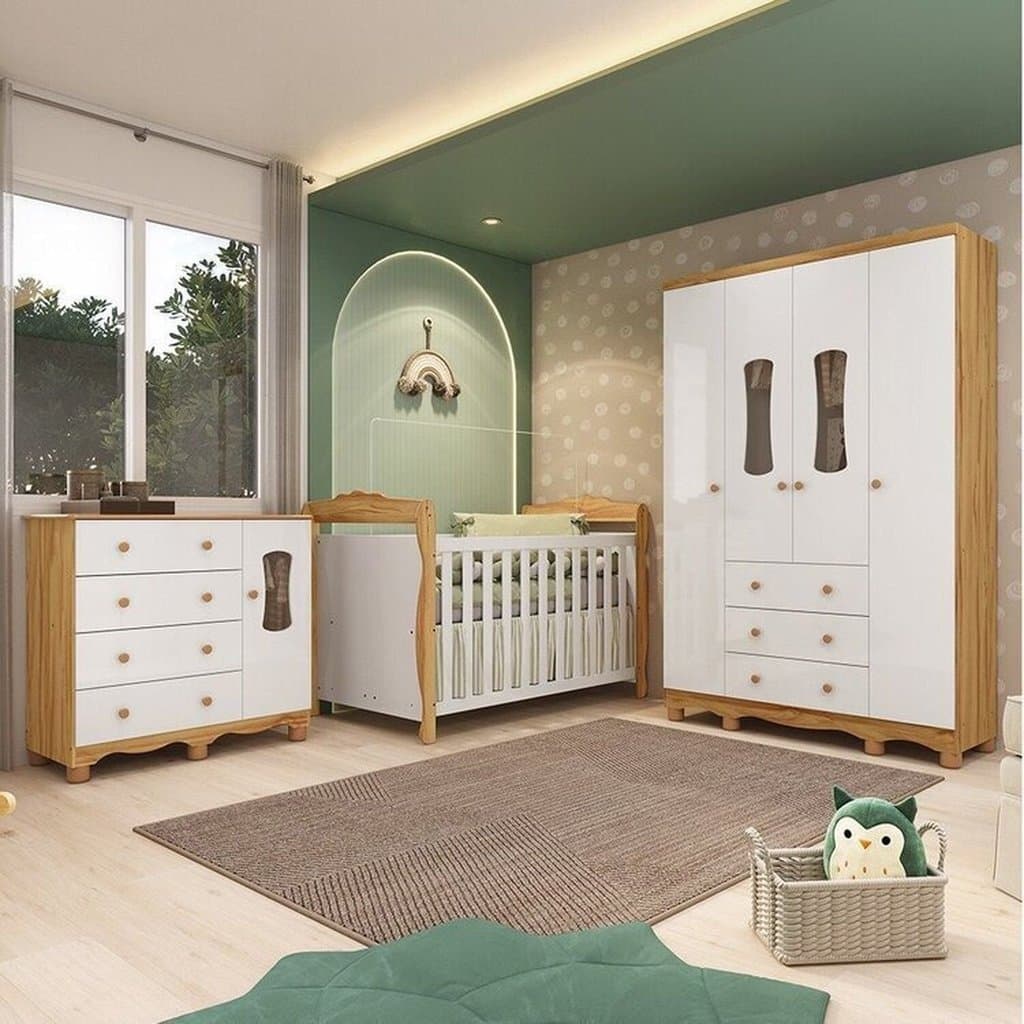 Quarto de Bebê Completo Berço 3 em 1, Guarda-roupa 4 Portas e Cômoda 100% MDF Aurora Espresso Móveis Branco
