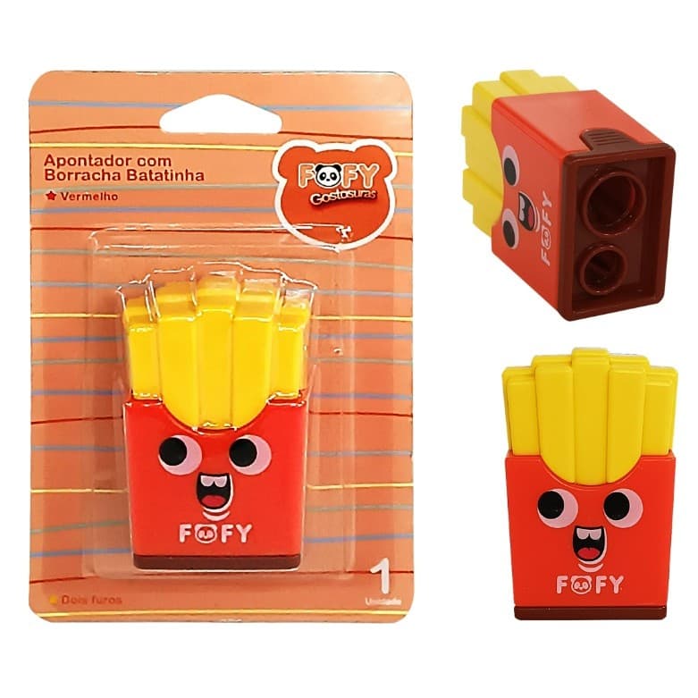 Apontador Escolar 2 Furos com Borracha Batatinha Vermelho – Fofo para Crianças, Volta às Aulas, Material para Estojo