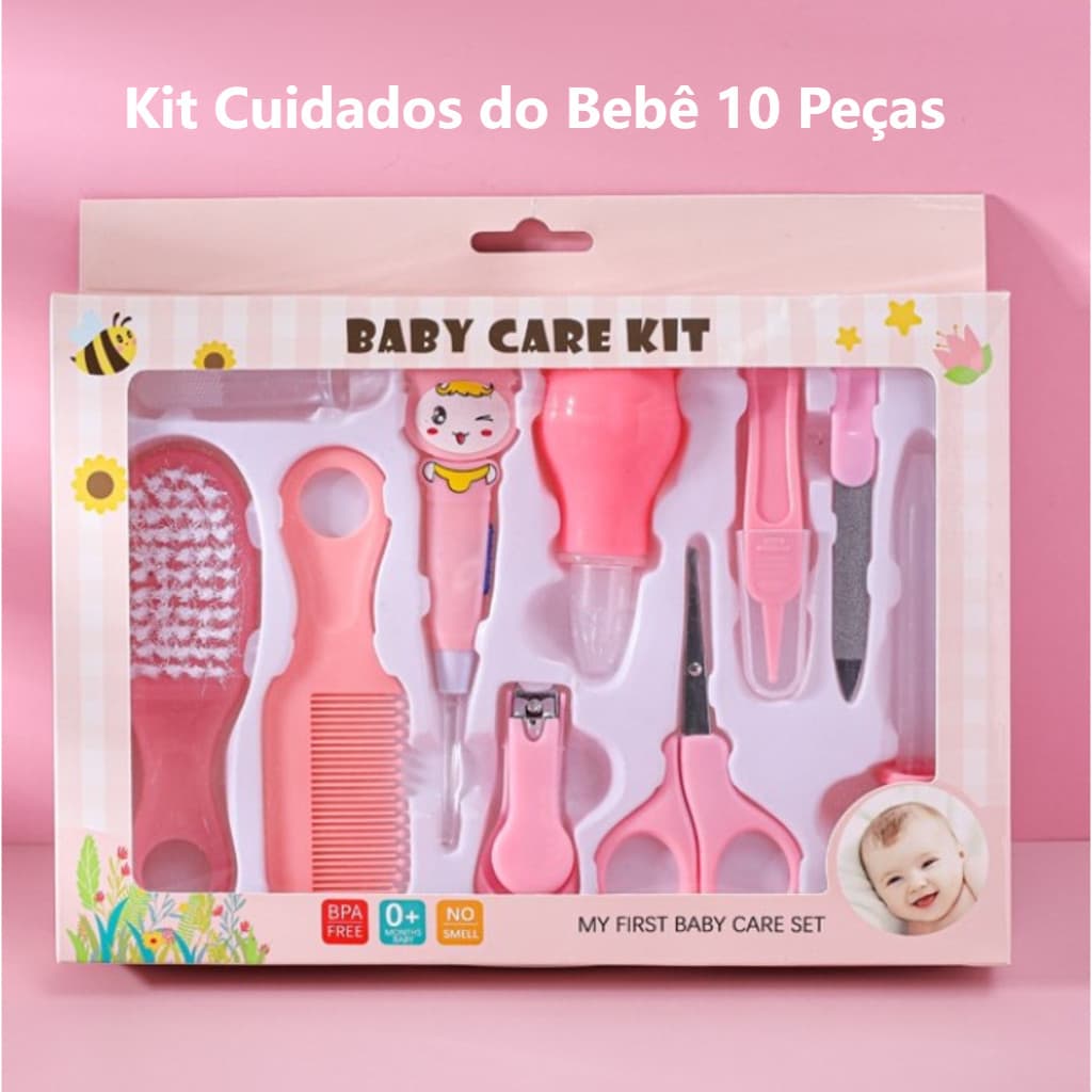Kit Cuidados do Bebê 10 Peças – Higiene Segura, Tesoura Redonda e Limpador de Ouvido Inovador