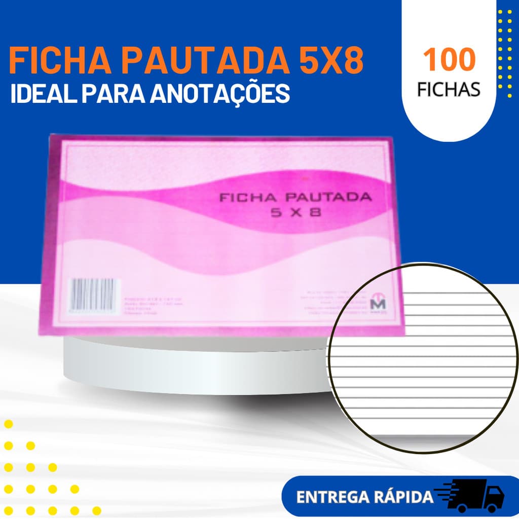 Ficha Pautada 5x8 Bloco 100 Folhas 213x127mm 150g Papel Off-Set Para Anotações Trabalhos escolares linhas Bem Traçadas.