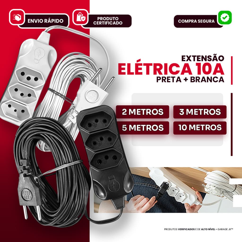 Extensão de Energia ELÉTRICA 10A Bivolt 110/220V 2m 3m 5m 10m Tripolar cor Preta ou branca Durável