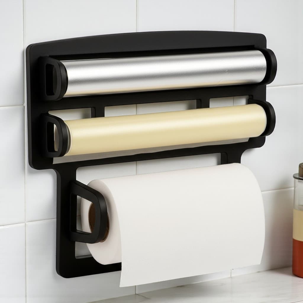 Porta Papel Toalha Triplo Suporte Preto Rolos Para Cozinha 3 em 1