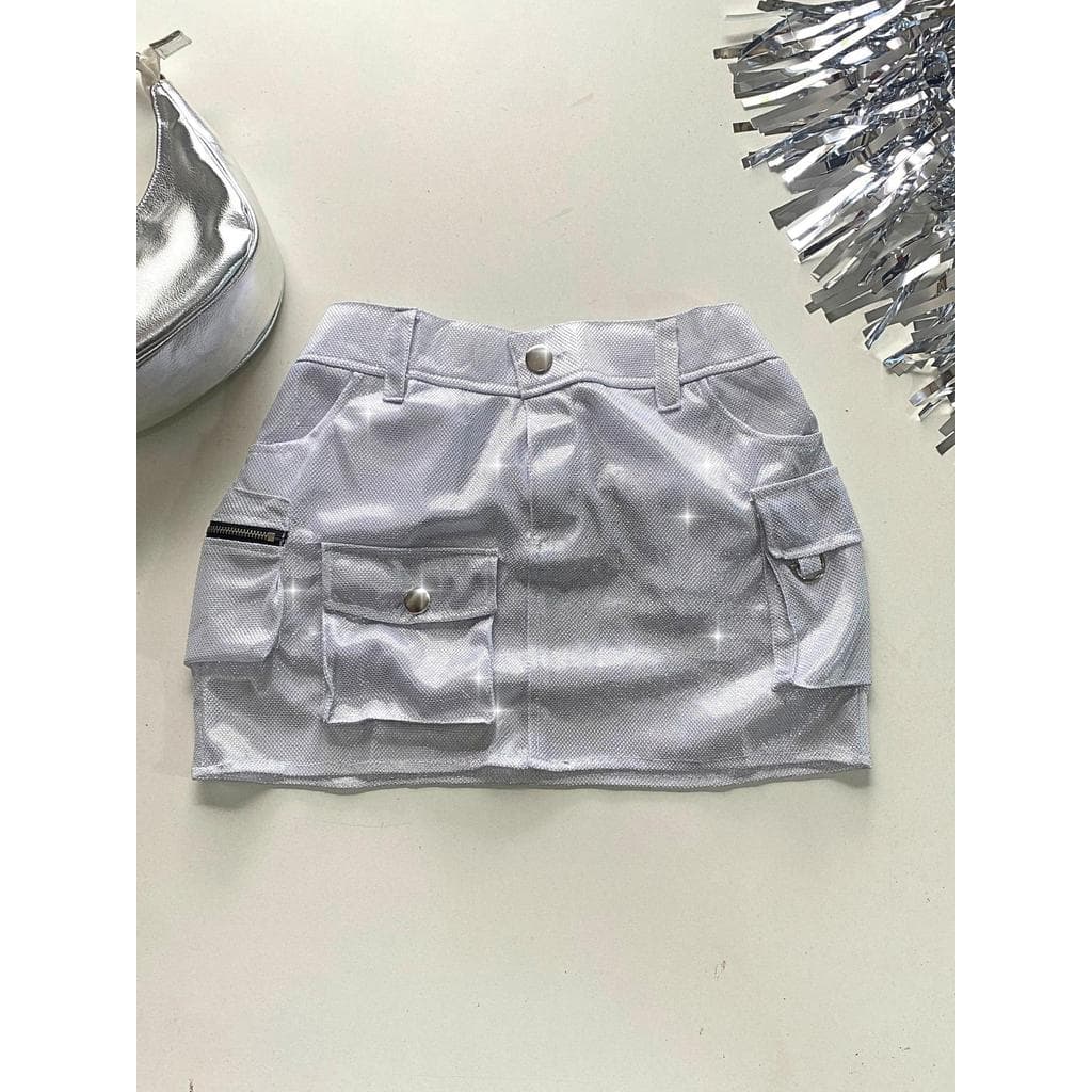 Saia Cargo Branca Brilhante Lurex Branco 5 bolsos Ano Novo Reveillon