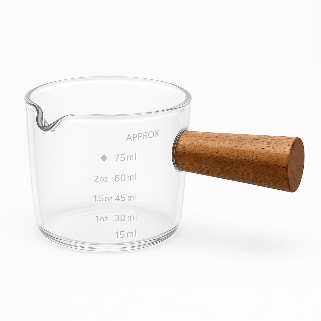 Copo Medidor de Vidro 75 ml para Barista – Alça / Cabo de Bambu Luxo Transparente para Café Expresso