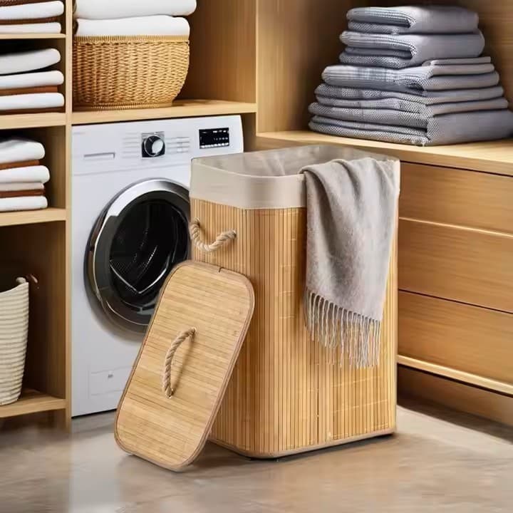 Cesto De Roupa Suja Bambu 70 Litros Lavanderia Com Tampa e Alças Forrado Grande Organizador Banheiro