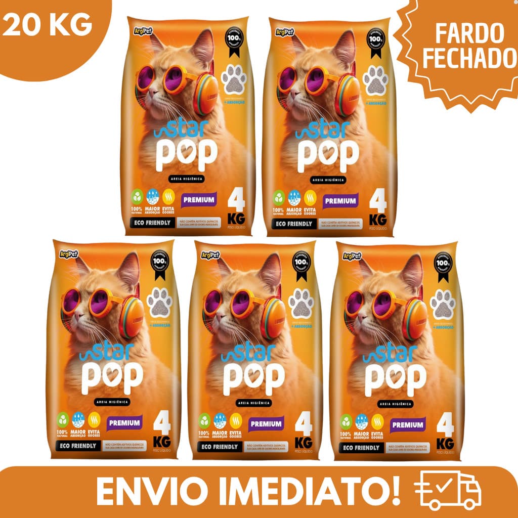 Kit 5 Areia Sanitária Higiênica Argila Natural Star Pop Tradicional Gatos Grãos Médios 20 kg Argipet