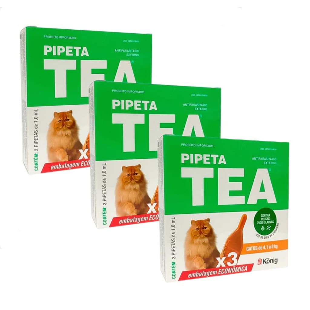 03 Antipulgas TEA Gatos Pipeta X3 unid 4,1 até 8KG 1ML Konig