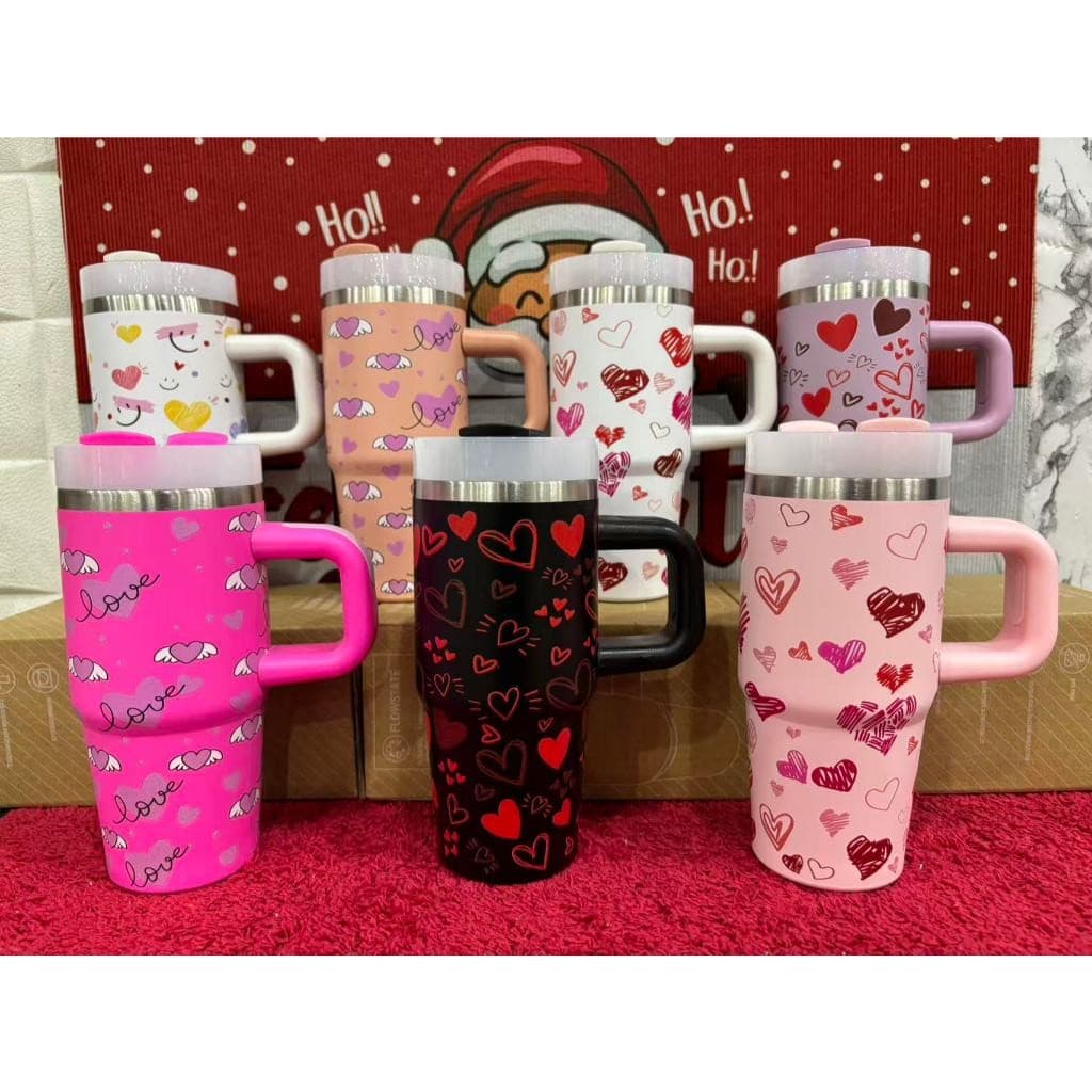 Copo térmico infantil de aço inoxidável 304 de 420 ml (com alça e canudo) - Estampa de coração