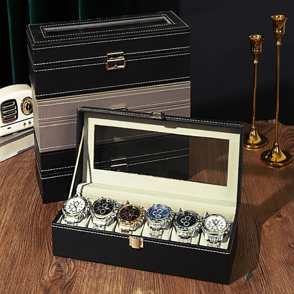 Porta Relógio 6 Divisórias Estojo Organizador Aveludado Luxo Maleta Caixa