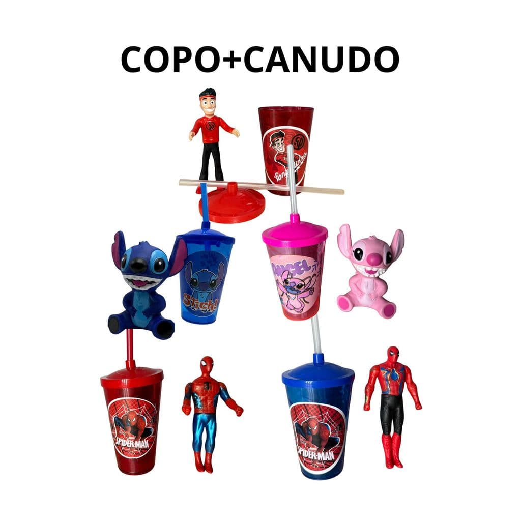 Kit Copo Canudo + Boneco Personagem Infantil – Diversos Personagens