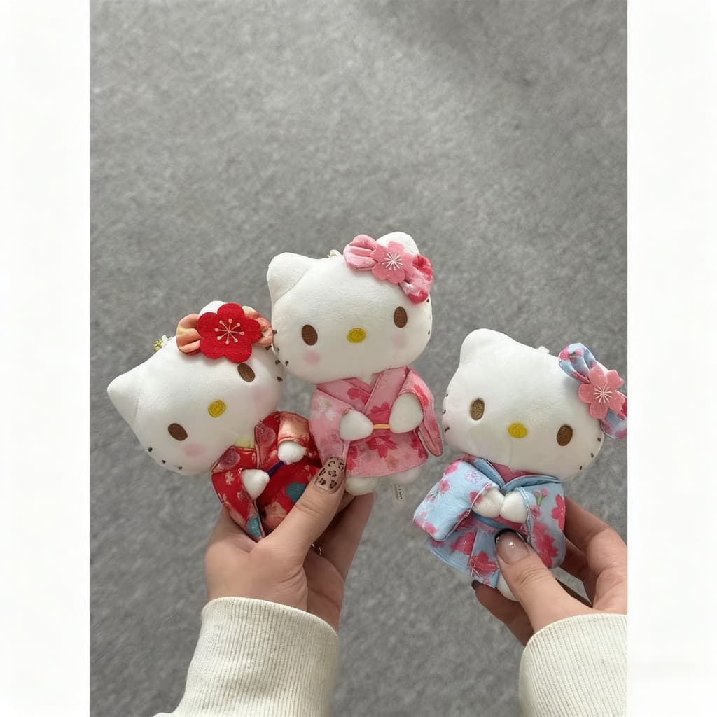 Boneca De Pelúcia Quimono Trigêmeos Estilo Japonês Hello Kitty – Chaveiro Com Pingente De Bolsa Kawaii Para Meninas