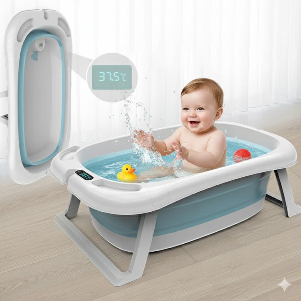 Banheira Dobrável Bebê Premium Teu Baby Com Termômetro Almofada Confortável Válvula De Drenagem