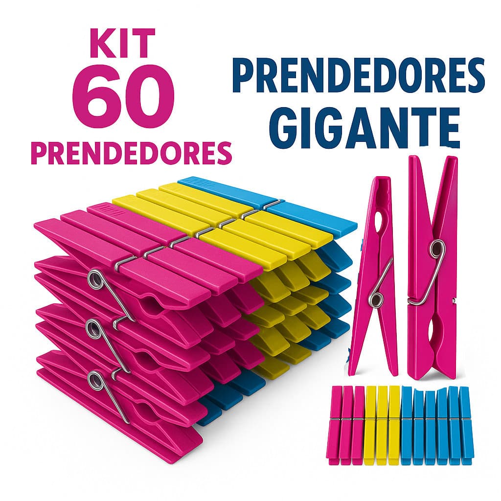 Kit com 60 / 48 / 36 / 24 / 12 Pregadores de Roupa em Plástico GIGANTE Reforçado - Cores Sortidas