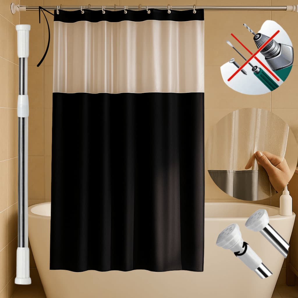 Cortina Box PVC Impermeável Antimofo Com Visor 1,38m x 1,98m + Varão Extensível 1,10M A 2,00M