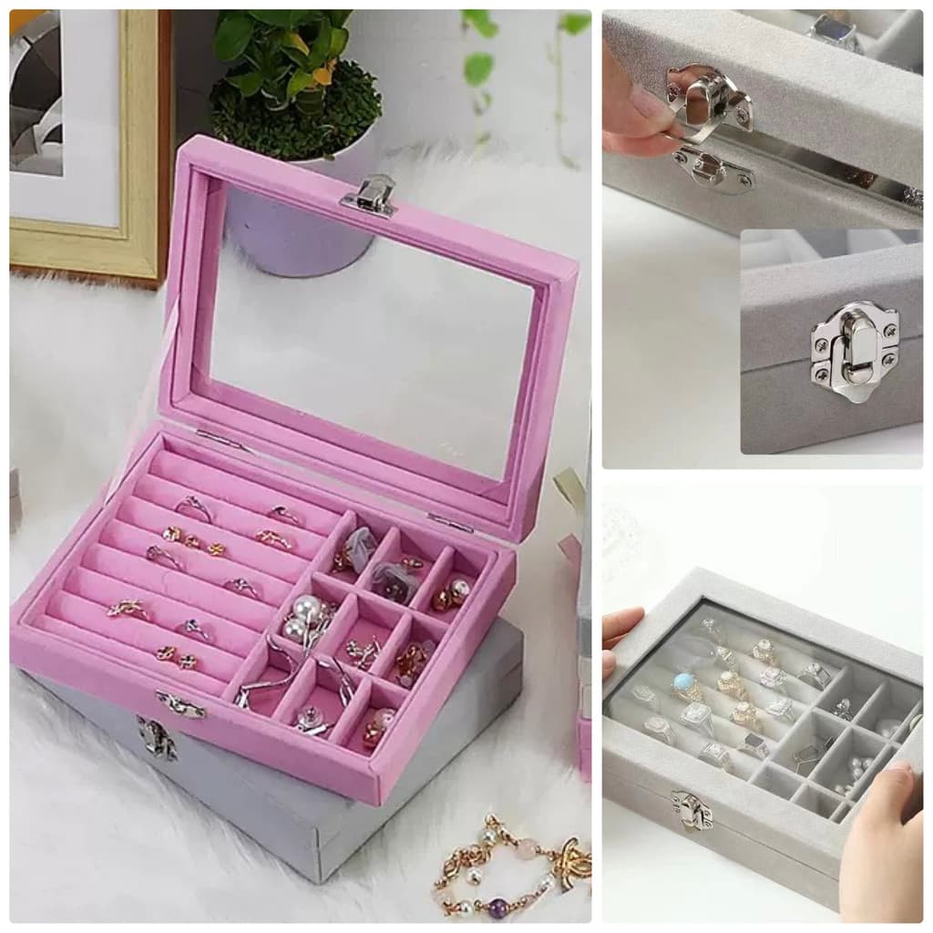 Caixa Porta Joias em Veludo com Compartimentos Múltiplos e Tampa Transparente Organizador de Joias