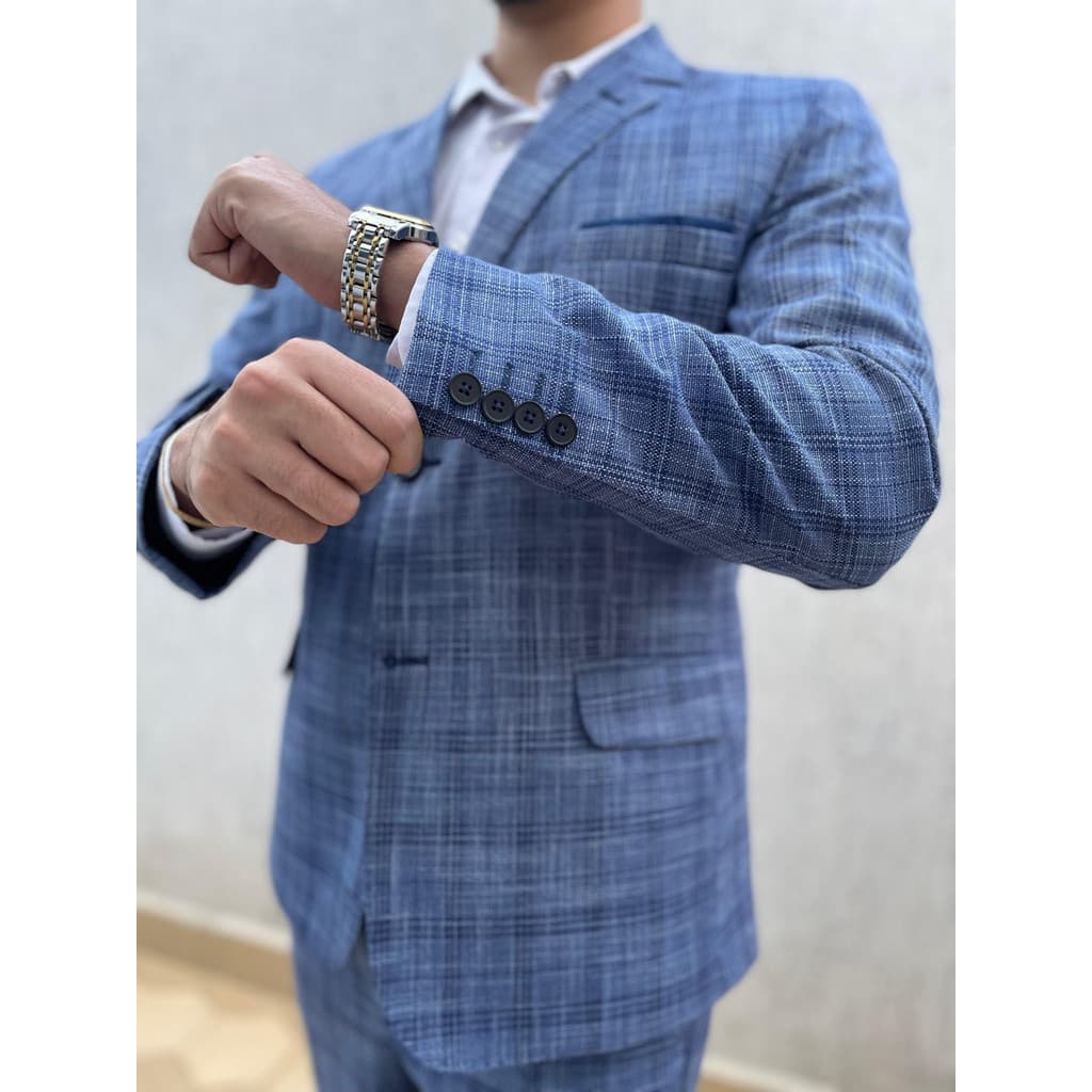Terno Azul Xadrez Poliviscose Italiano Alfaiataria Príncipe De Gales