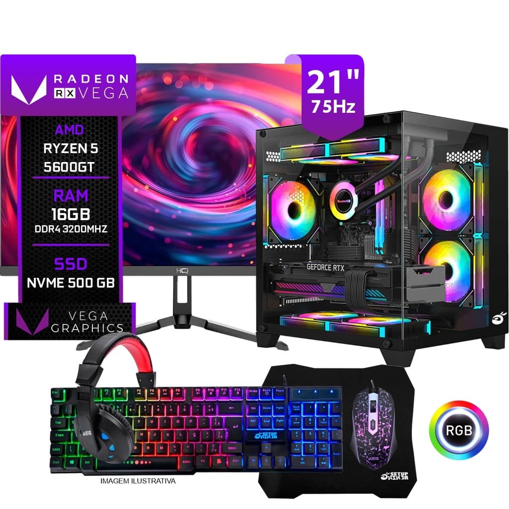 PC Gamer Completo Trigger I, AMD Ryzen 5 5600GT 16GB RAM SSD M.2 500GB Monitor 21" 75Hz, Periféricos