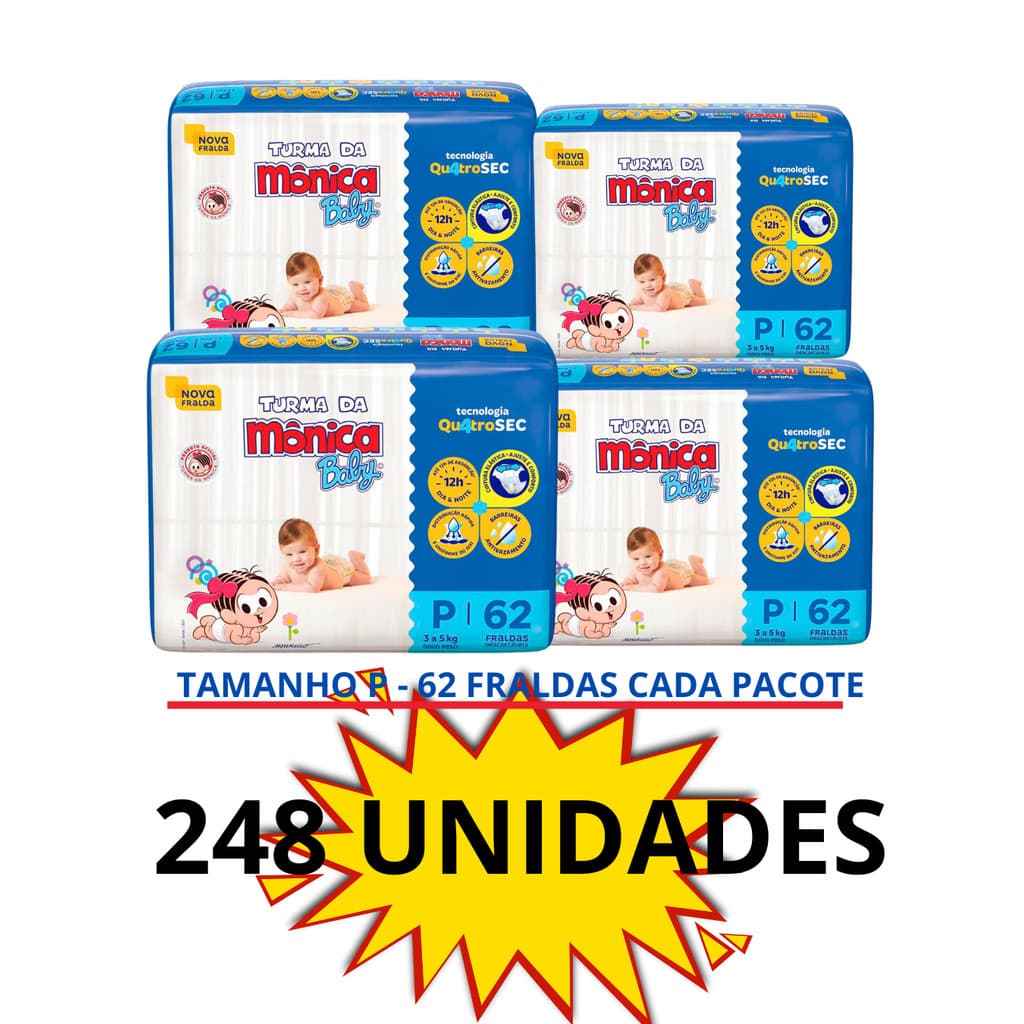 Fralda Descartável Turma da Mônica Tamanho  4 Pacotes - Total 200 Tiras