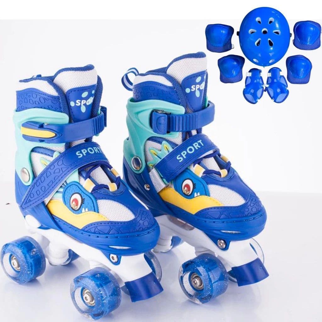 Patins Infantil Dinossauro Azul 4 Rodas Led + Proteção Ajustável Menina Menino Patins Quad Promoção