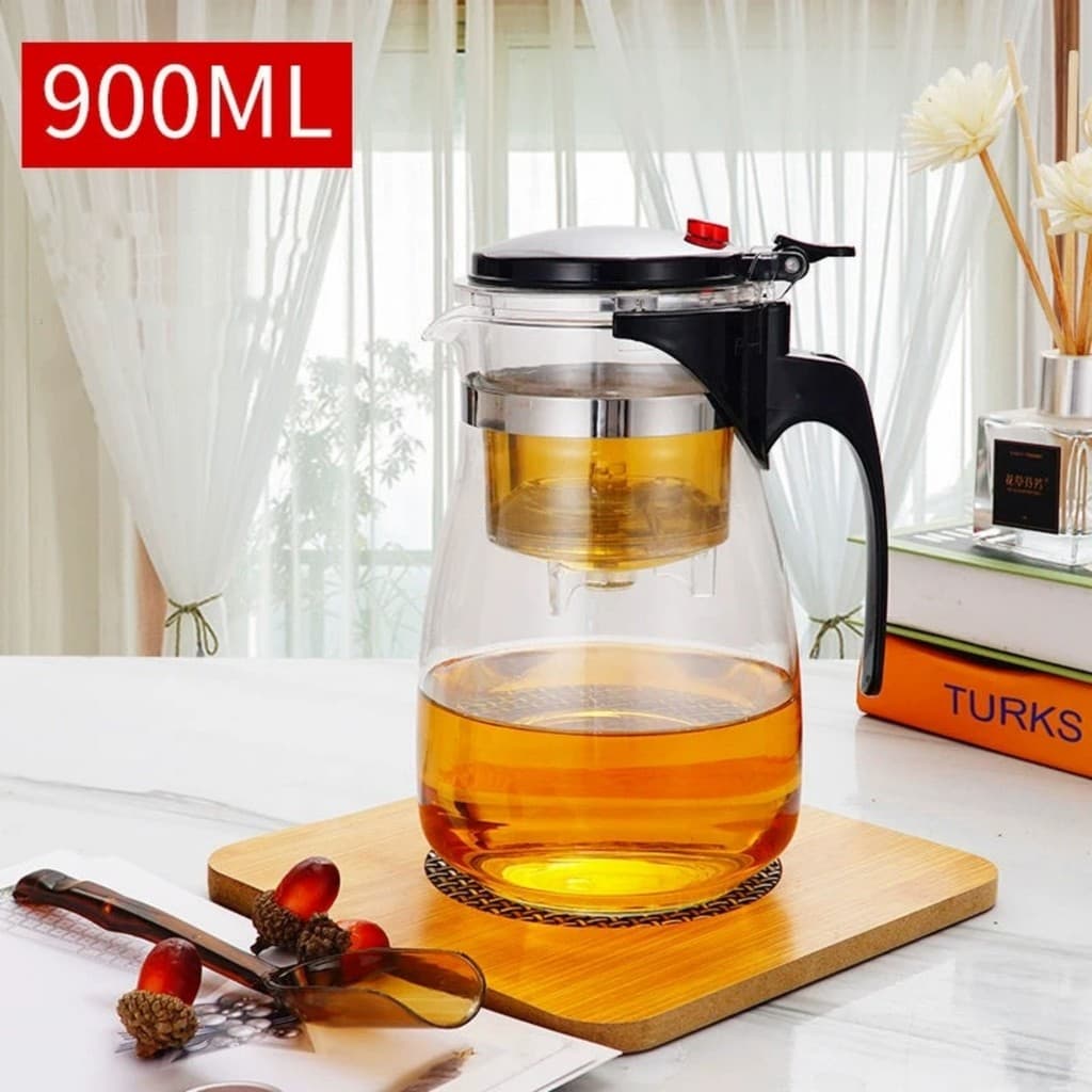 Chaleira Bule Jarra de Vidro 900ML Com Tampa de Chá Toque Para Chá Com Infusor Reutilizável