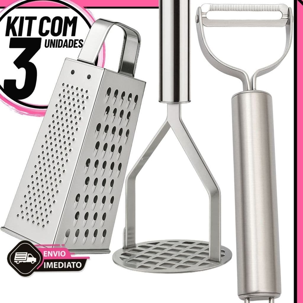 Kit 3 Utensílios de Cozinha Inox – Amassador de Batata + Descascador de Legumes + Ralador Multiuso