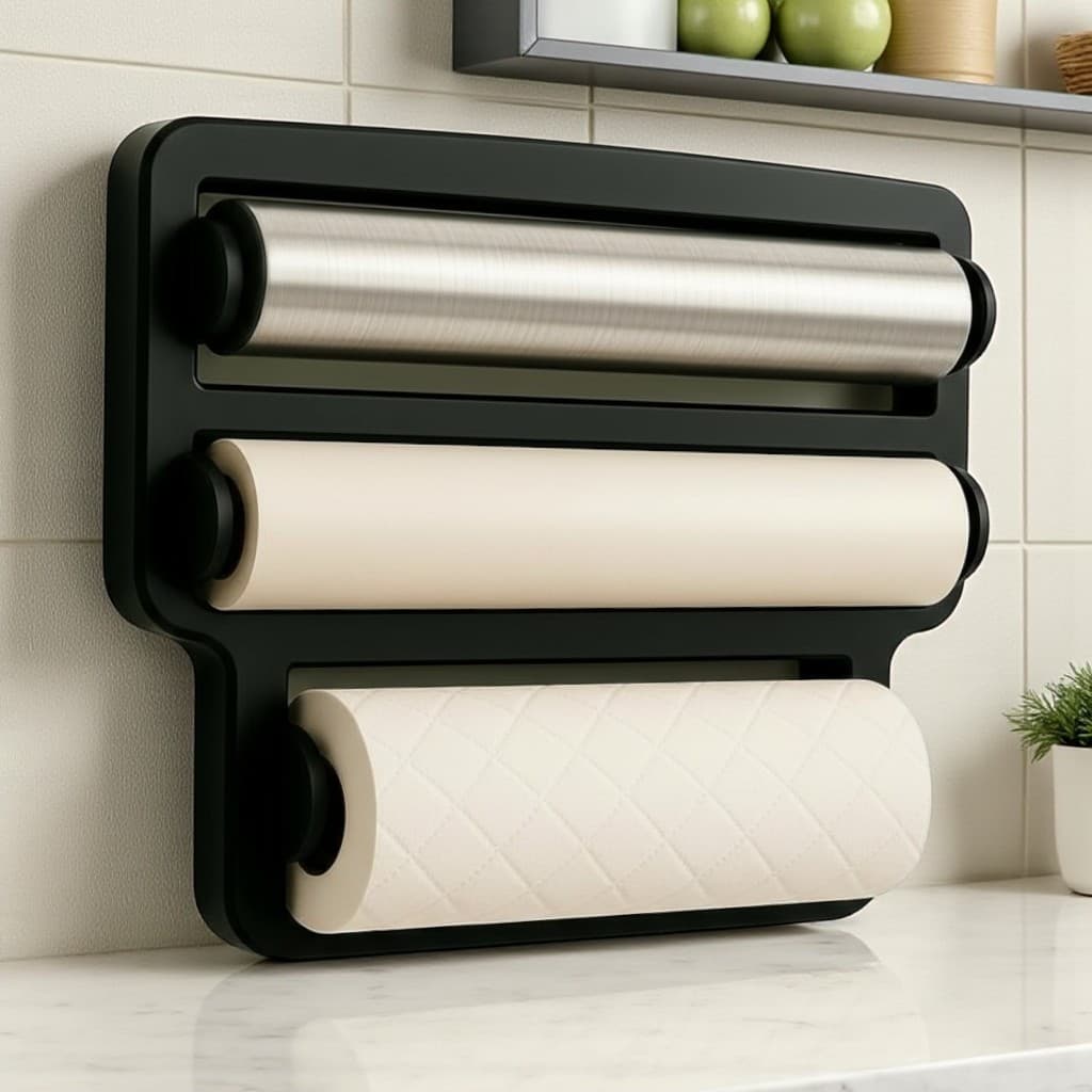 Porta Rolos 3 em 1 Preto – Papel Toalha, Filme e Alumínio com Ganchos