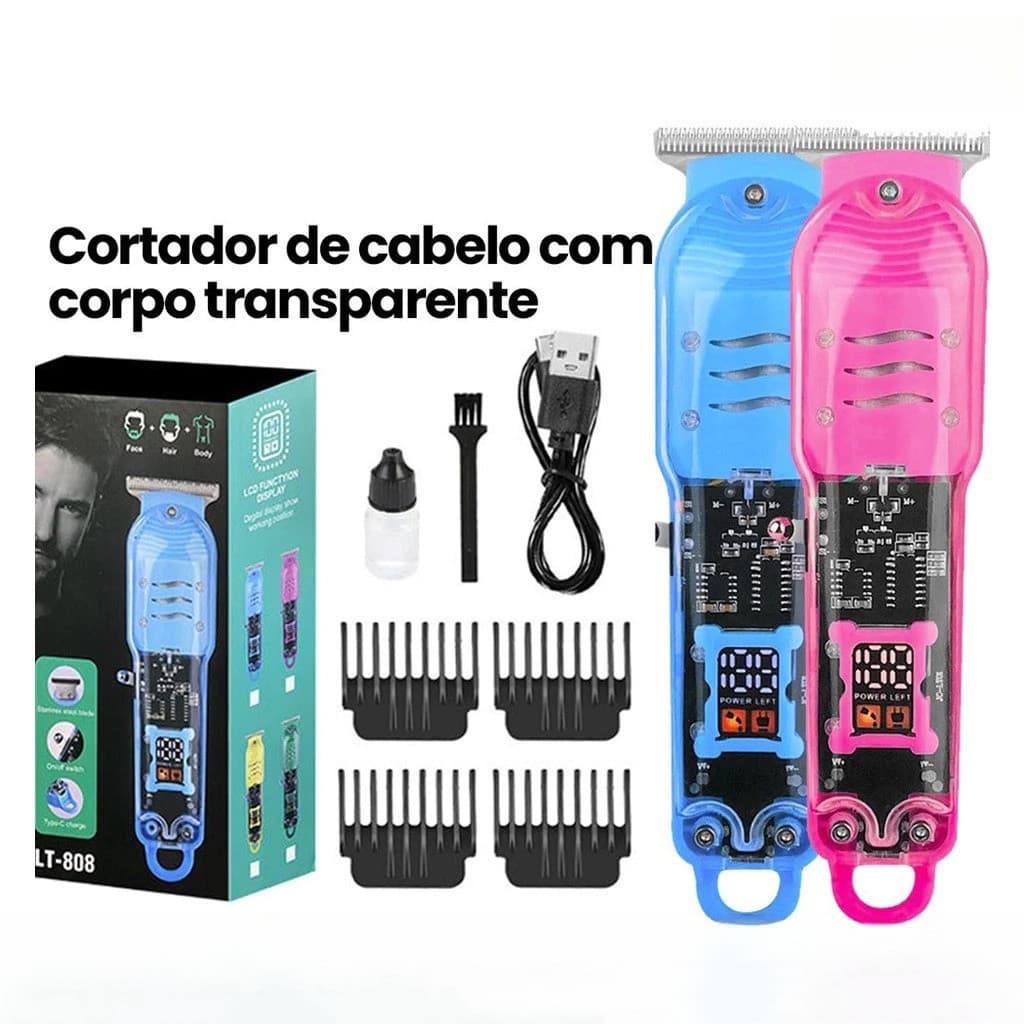 Máquina De Cortar Cabelo Profissional Smart Lcd Barbeador Elétrico Transparente Sem Fio Para Homens
