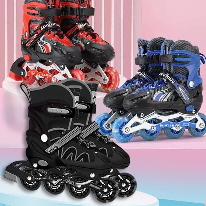 Patins Roller Inline Preto Ajustável Com Luz Com Kit Proteção Várias Cores E Tamanhos Promoção