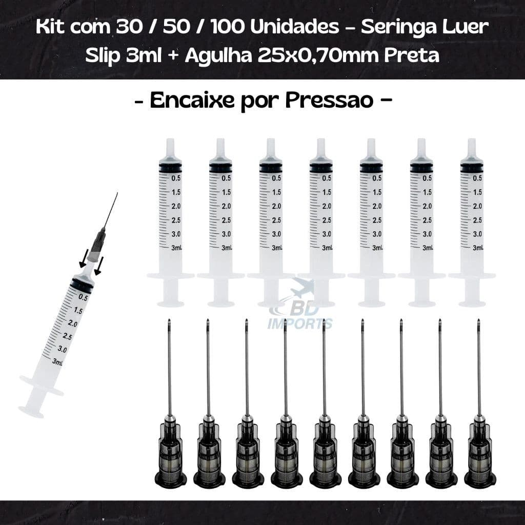 Kit Seringa e Agulha Luer Lock 3ml 25x0,70 Preta 30 50 100 Descartável Hipodérmica - BICO ROSCA