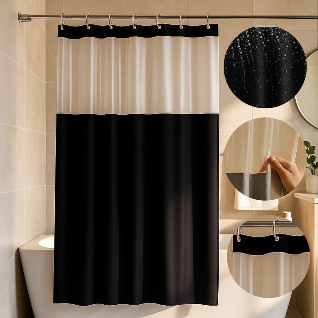 Cortina Box PVC Impermeável Antimofo Com Visor 1,38m x 1,98m Translúcido Higiene Durável Ganchos