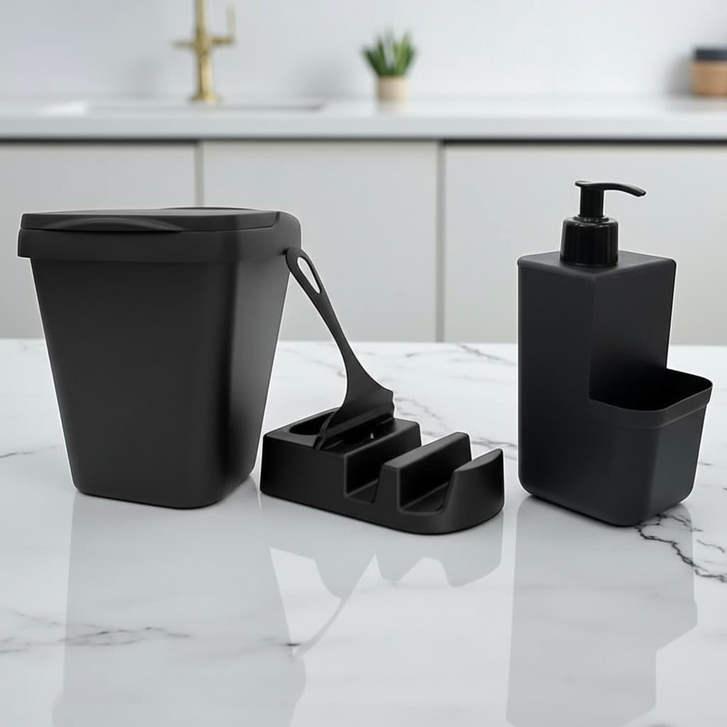 Kit Organizador de Pia Cozinha Completo – Lixeira 4,8L + Dispenser + Porta Detergente + Rodinho