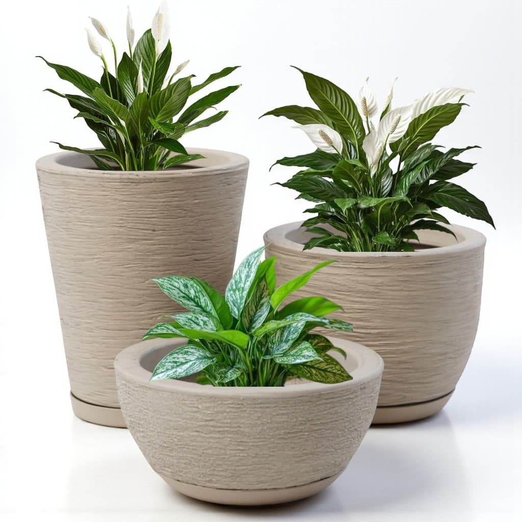 Kit 3 Vasos de Polietileno Escovados Decorativos para Plantas com Prato Coletor – Coluna Bojo Bacia
