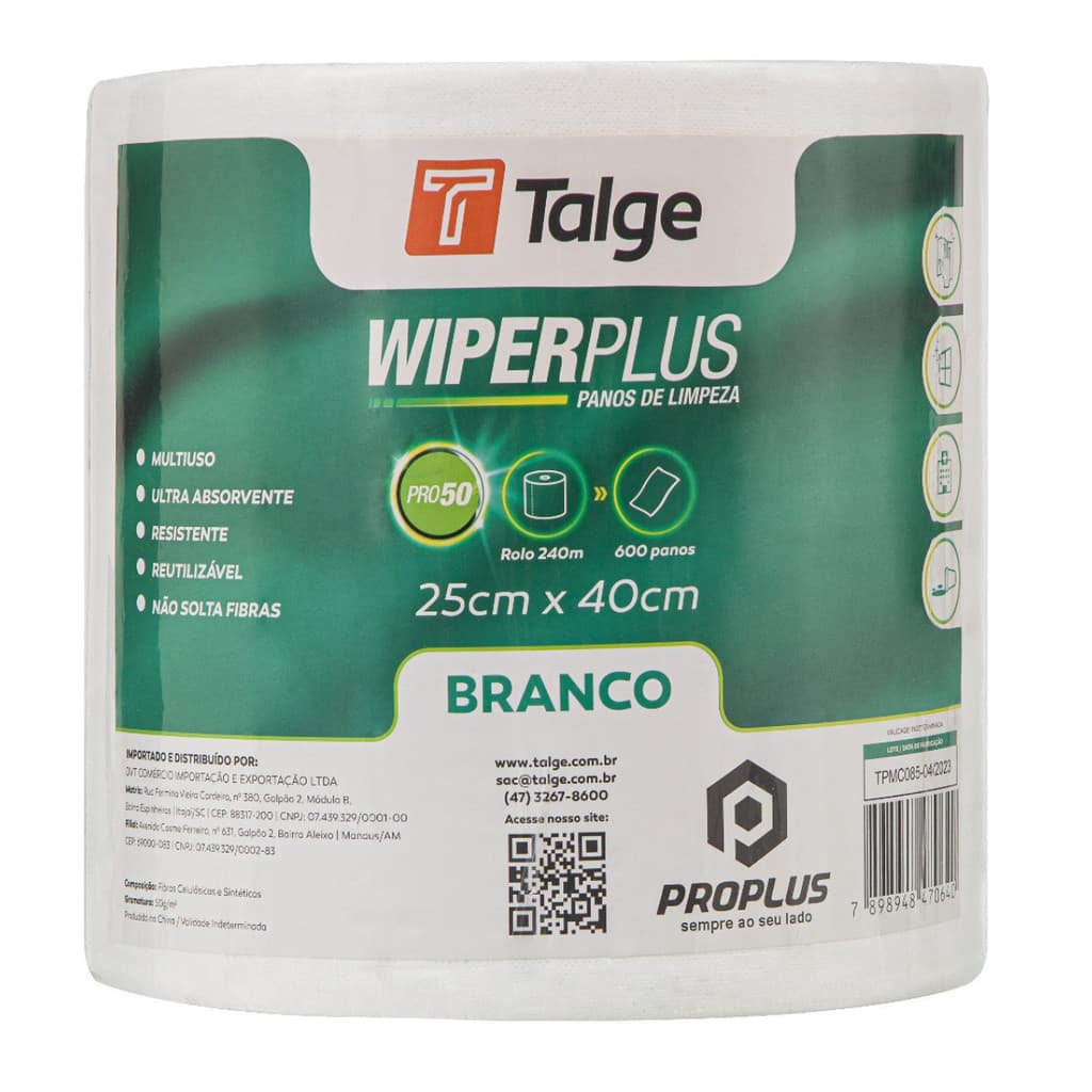 Pano de limpeza Multiuso Wiper Plus PRO50 Talge Branco 25x240m Rolo c/ 600 panos