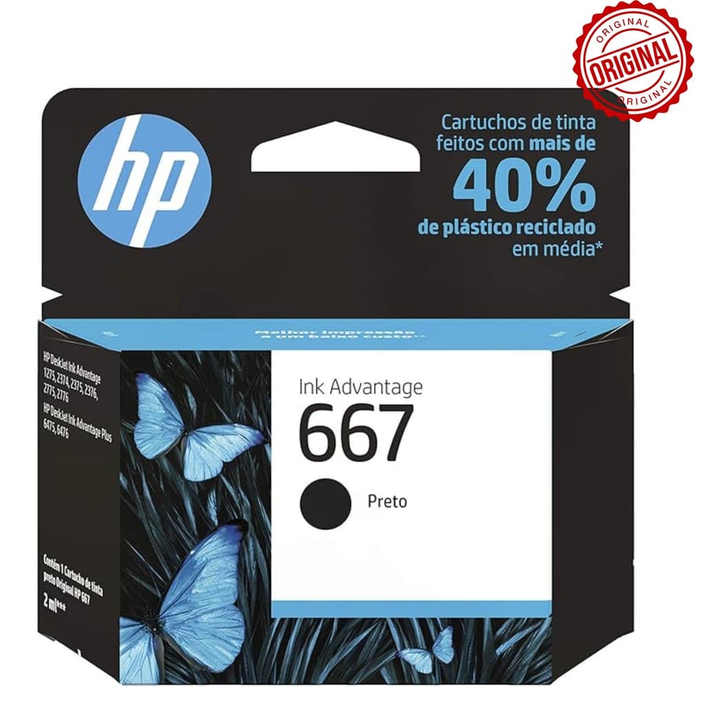 Cartucho de Tinta HP 667 Preto ORIGINAL Compatível HP Deskjet: 1275 / 2374 / 2375 / 2376 / 2775 / 2776 / 6475 / 6476
