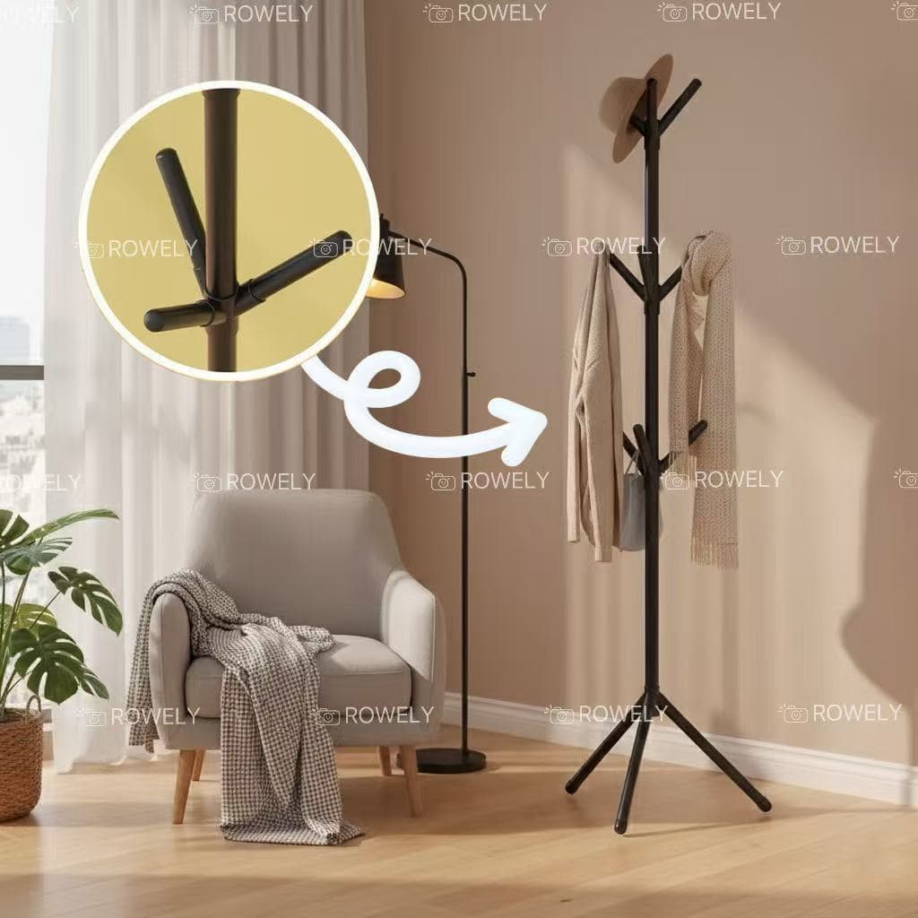 Cabideiro de Chão Moderno 170cm com 6/9 Ganchos para Roupas, Bolsas e Chapéus