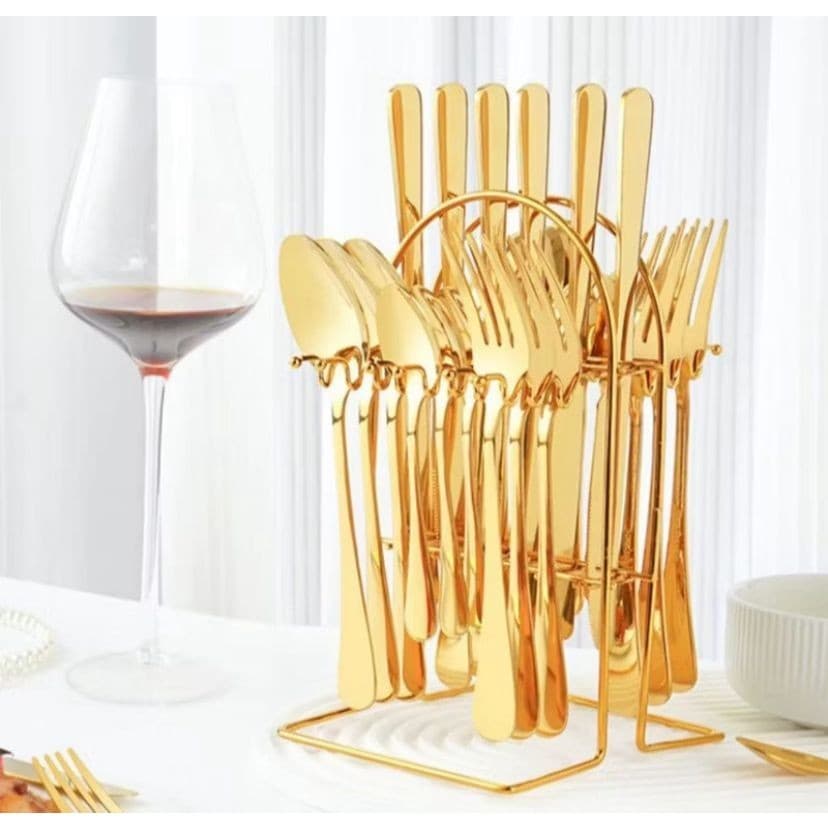 Suporte de Talheres Porta talher em Aço Inox Prata e Dourado – Para Até 24 Peças (Não Acompanha Talheres)