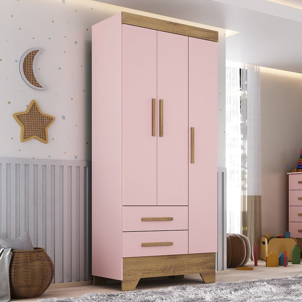 Guarda Roupa Infantil 3 Portas 2 Gavetas Rosa/Natural Tic Tac Espresso Móveis Rosa Fosco/Natural
