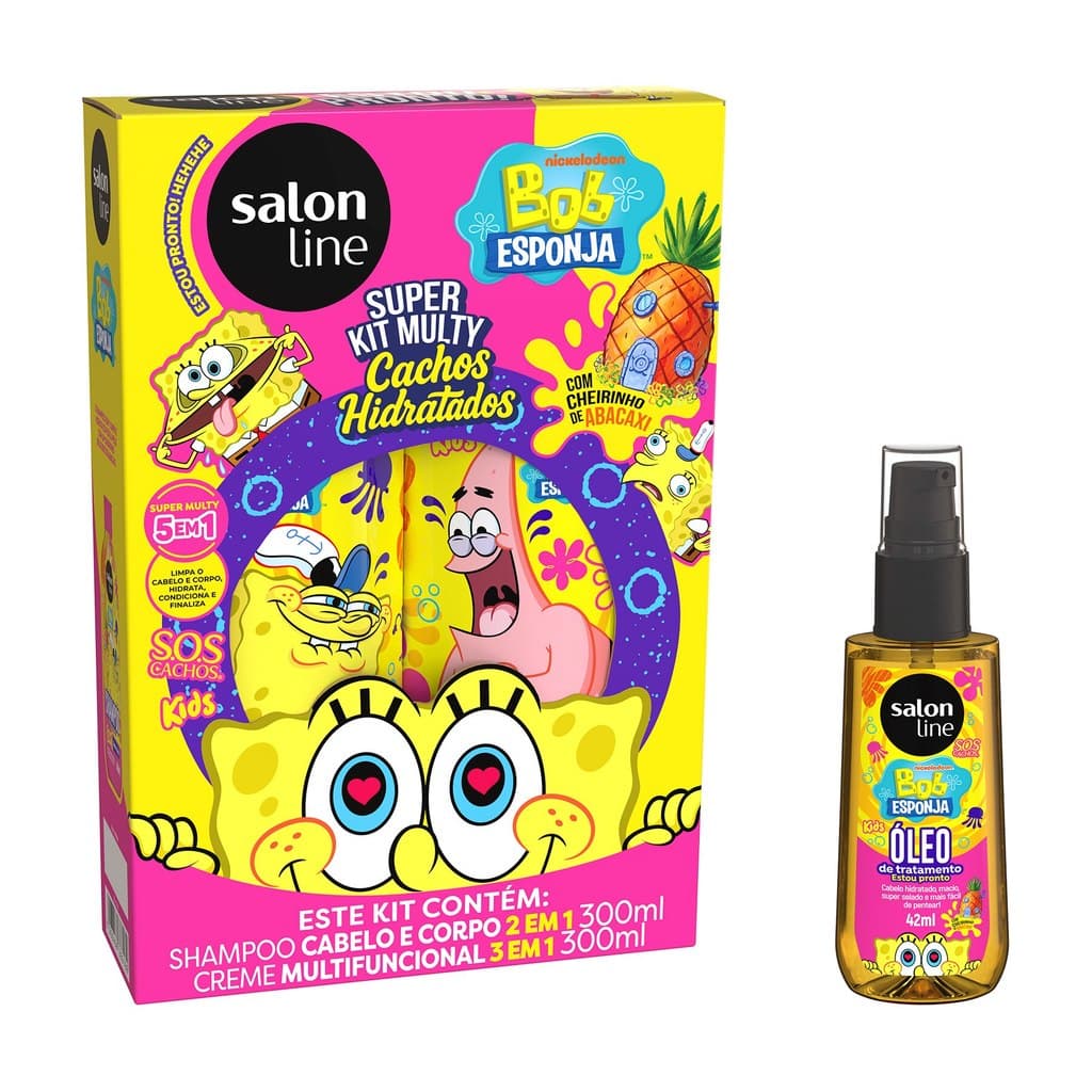 Kit SOS Cachos Kids Bob Esponja com Shampoo + Creme Multifuncional e Óleo de Tratamento