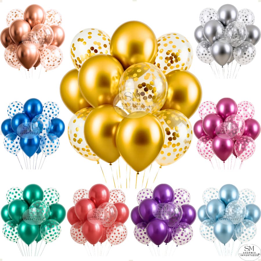 Kit 10 ou 20 Balão Metalizado Confete Festa Decoração Bexiga Aniversário Casamento Ano Novo Evento
