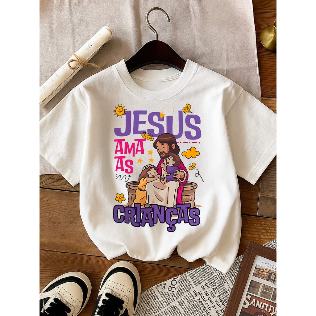 Camiseta Infantil Jesus Ama As Crianças Camisa 100% Algodão Estampa Religiosa