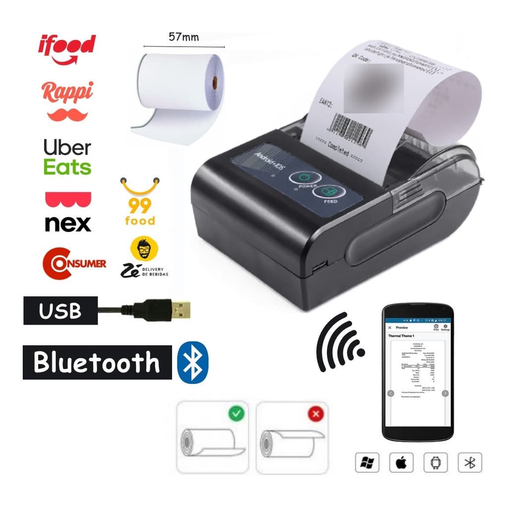 Mini Impressora Bluetooth Termica 58mm Com 30 Bobinas Lisa