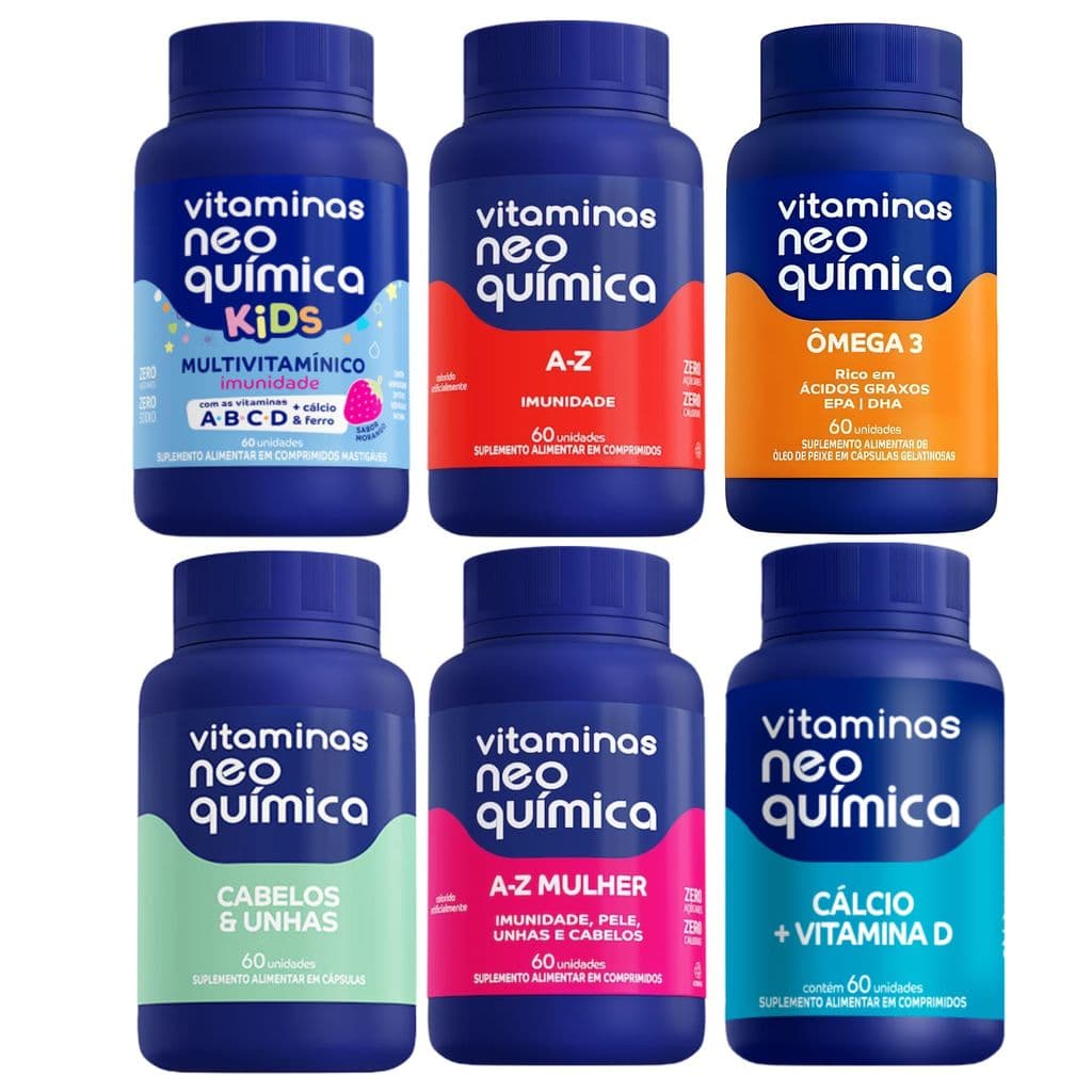 Kit Família Neo Química Kids A-Z Ômega 3 Cabelos e Unhas Mulher e Cálcio 60 Cápsulas Cada