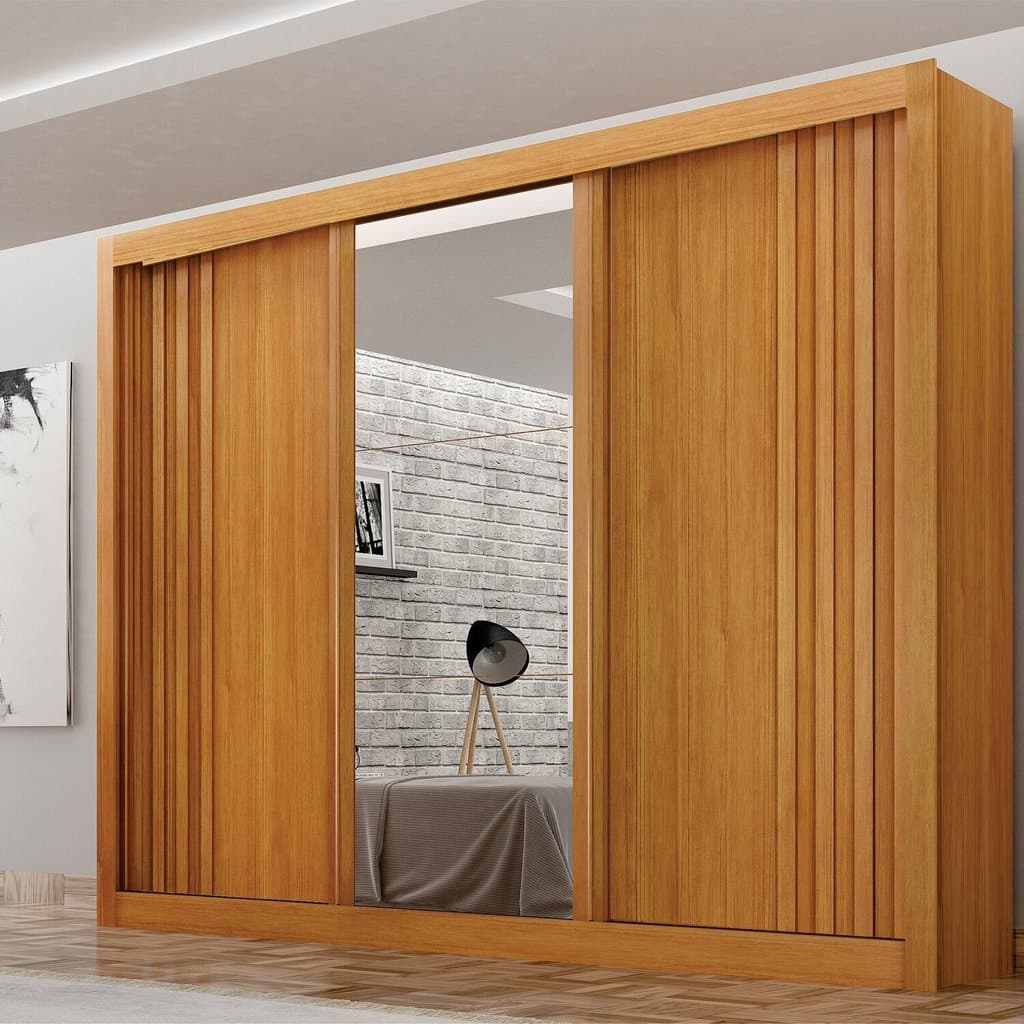 Guarda roupas 03 Portas Milano com Espelho na Porta Central, Portas Ripadas e 4 gavetas internas MDF Cinamomo