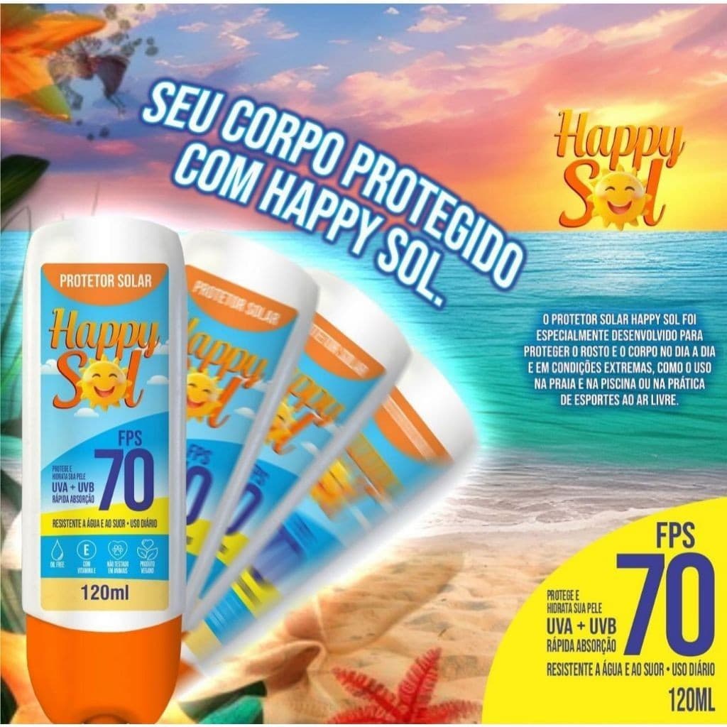 Kit Econômico 4x Protetor Solar HAPPY SOL FPS 70 – 120ml | Facial e Corporal Resistente à Água