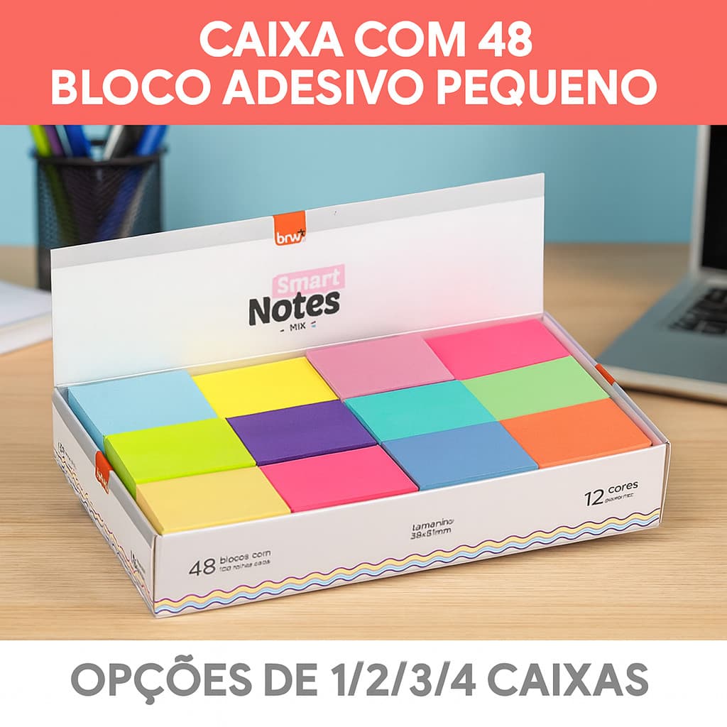Caixa De Bloco Adesivo Smart Notes Mix 12 Cores c/48 Unidades BRW Post It