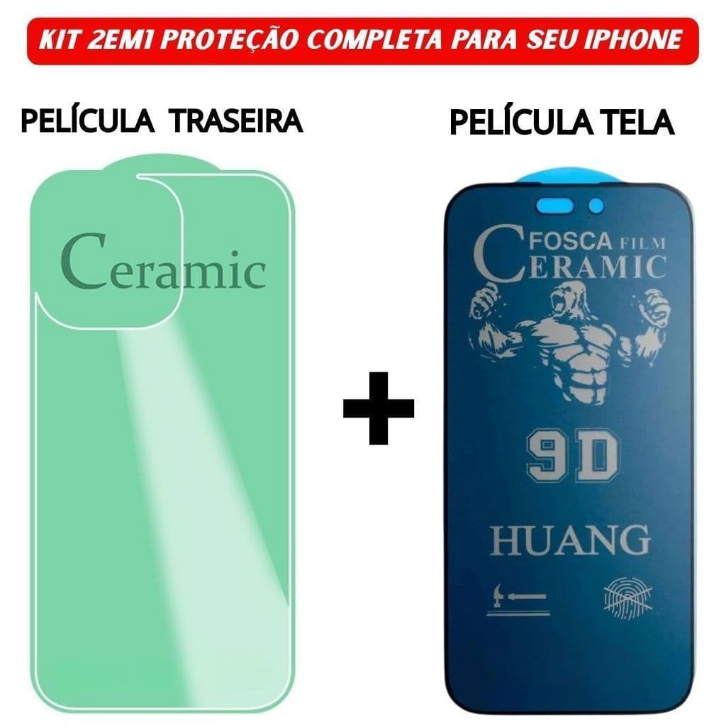 Kit 2 em 1 Película Traseira + Película Tela Cerâmica Fosca Privacidade Para iPhone 11 12 13 14 15 16 Pro Max