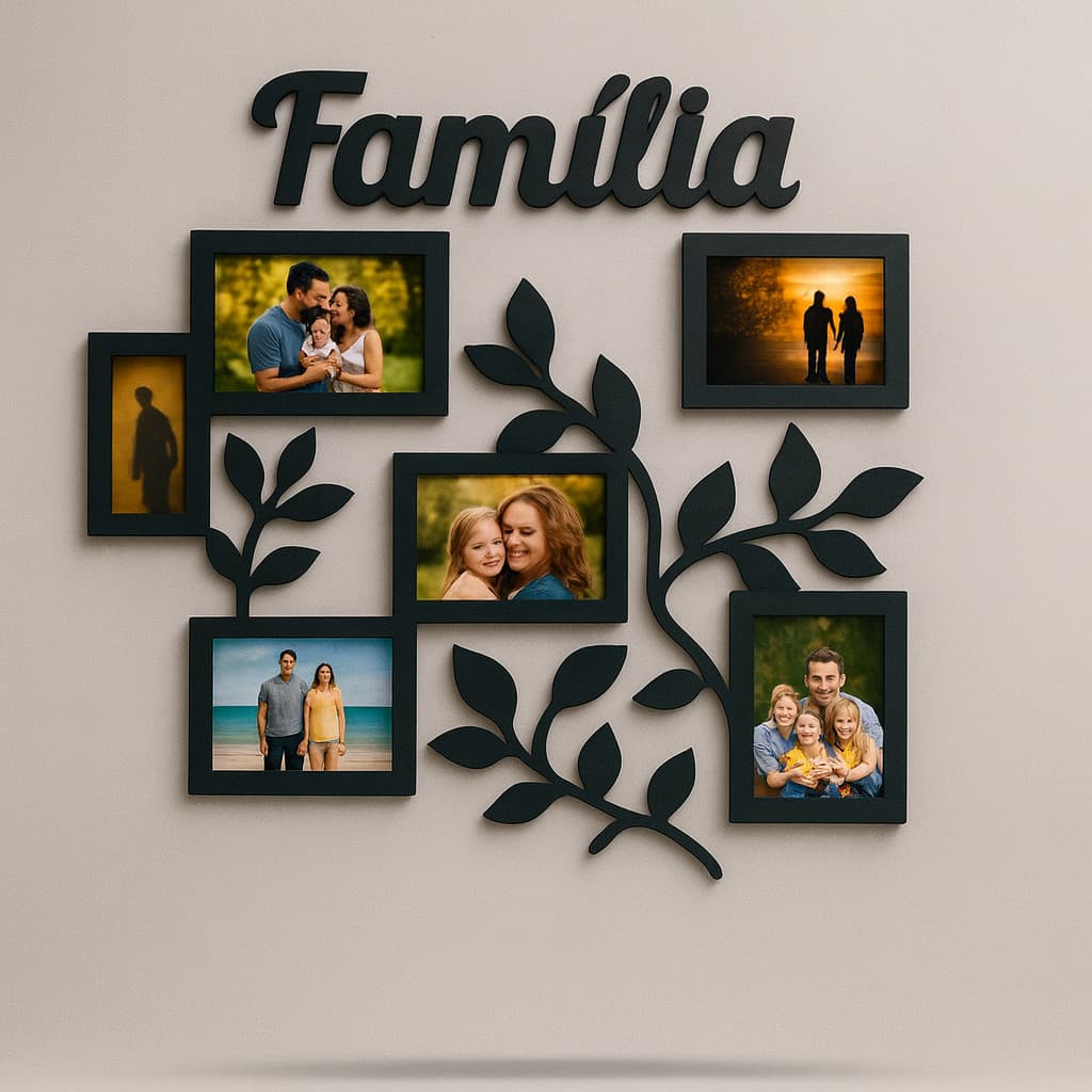 Porta Retrato Parede Quadro Família  Moldura MDF Preto  Painel Decorativo Sala 50x45cm