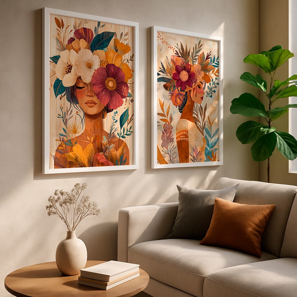 Kit 2 Quadros Mulher com Flores Tons Terrosos Arte Moderna Elegante Feminina com Moldura