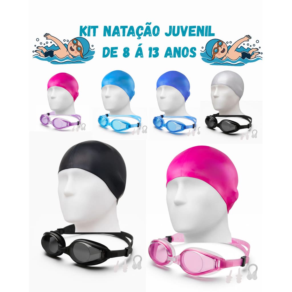 Kit Óculos de Natação Juvenil Ajustável com Protetor de ouvido e Protetor Nasal